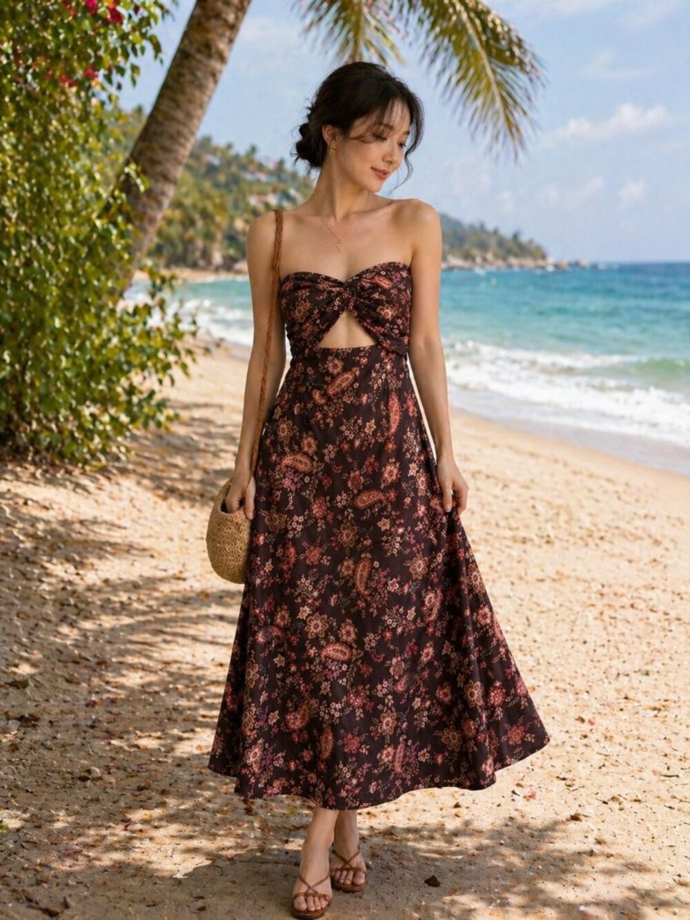 Trixxi Size Large Strapless Keyhole Brown Floral Linen Midi Dress